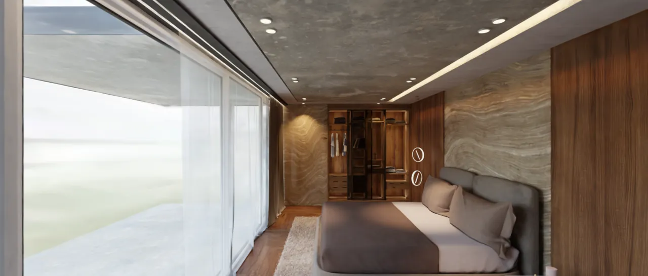 A bedroom built from renders, shown as a walkthrough: a walnut wardrobe, a marble feature wall, a low bed and full-height windows with sheer curtains.