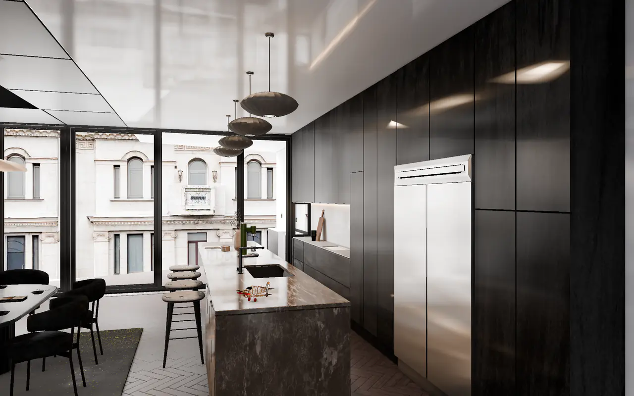 A kitchen with full-height dark timber cabinets, a steel fridge, a dark stone island with bar stools under pendant lights, a dining table and floor-to-ceiling windows onto a classical facade.